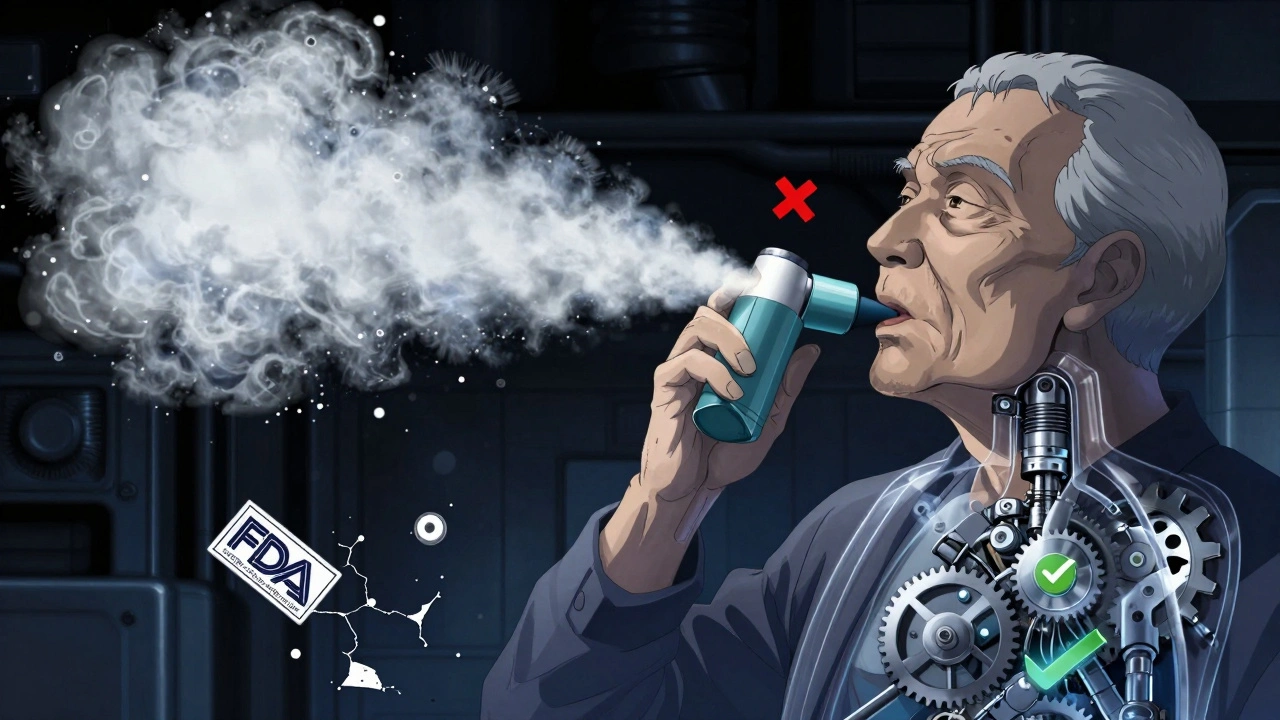 An inhaler releasing aerosol particles, some reaching lungs while others hit the throat.