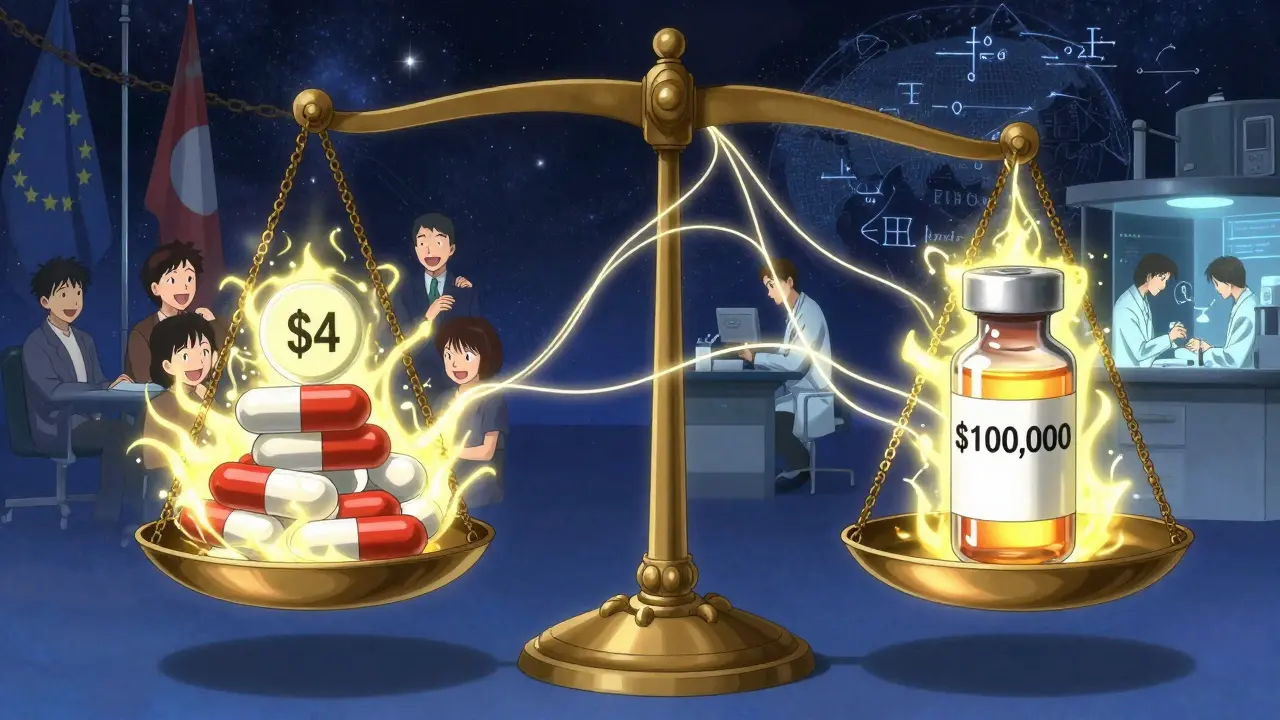 Balance scale showing cheap U.S. generics vs expensive brand-name drug funding global research