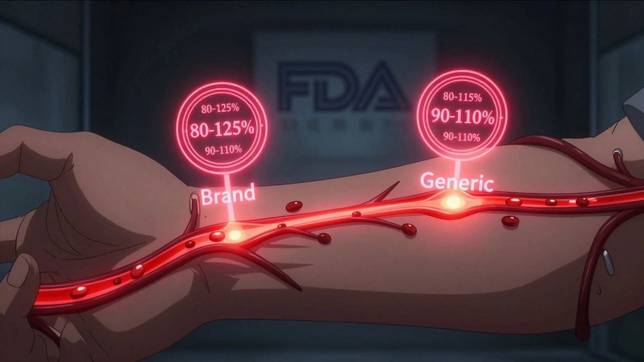 Bloodstream with identical drug streams labeled Brand and Generic, flowing in perfect sync.