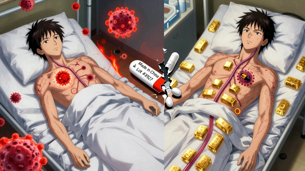 Cancer patient with spreading tumor cells versus stabilized bloodstream after switching medications.