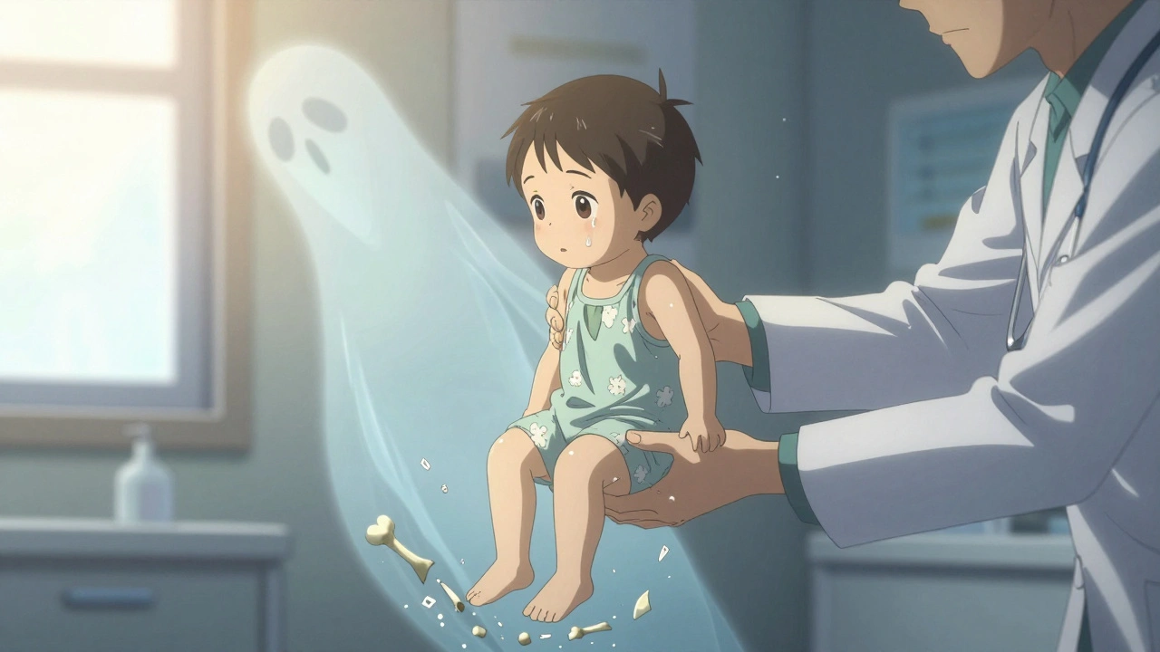 Child being supported by a doctor, with a fading ghost of lost growth potential behind them.
