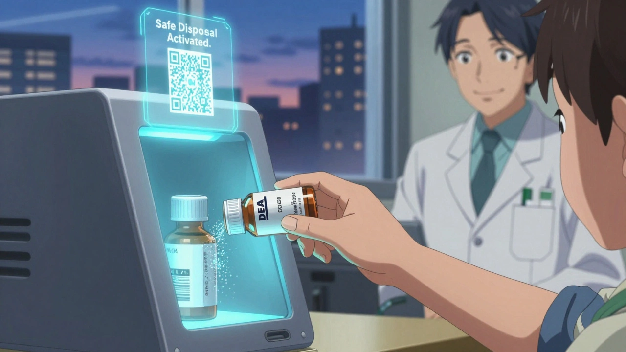 Child placing expired medicine into a pharmacy take-back kiosk with glowing blue light.