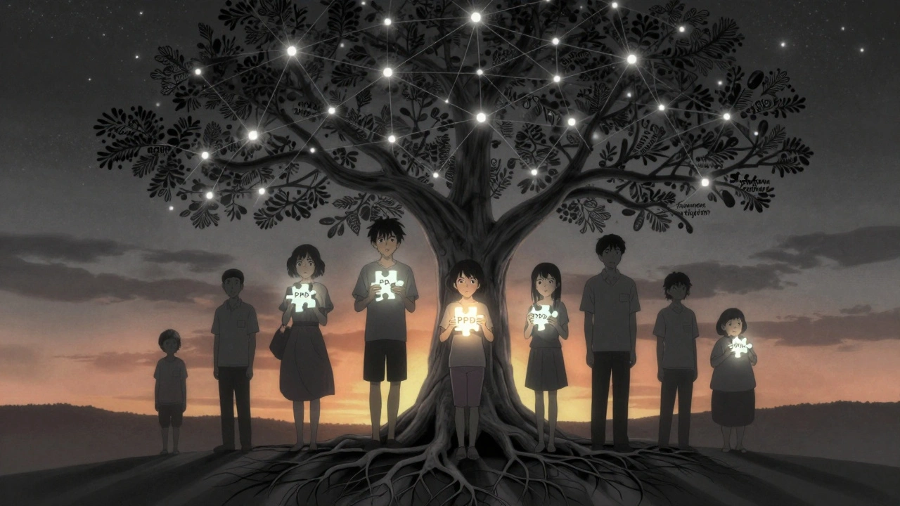 Diverse new parents standing under a starry neural sky, holding puzzle pieces that form a tree of support and healing.