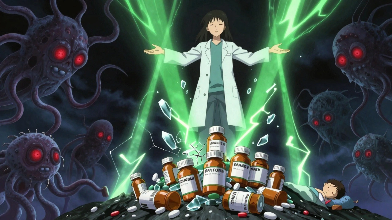 Expired medications as dark creatures being purified by a guardian figure above a sleeping child.