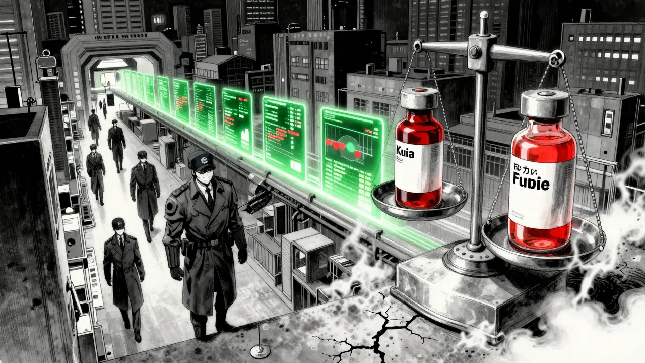 FDA inspectors in a glowing underground facility analyzing drug data streams with floating graphs.