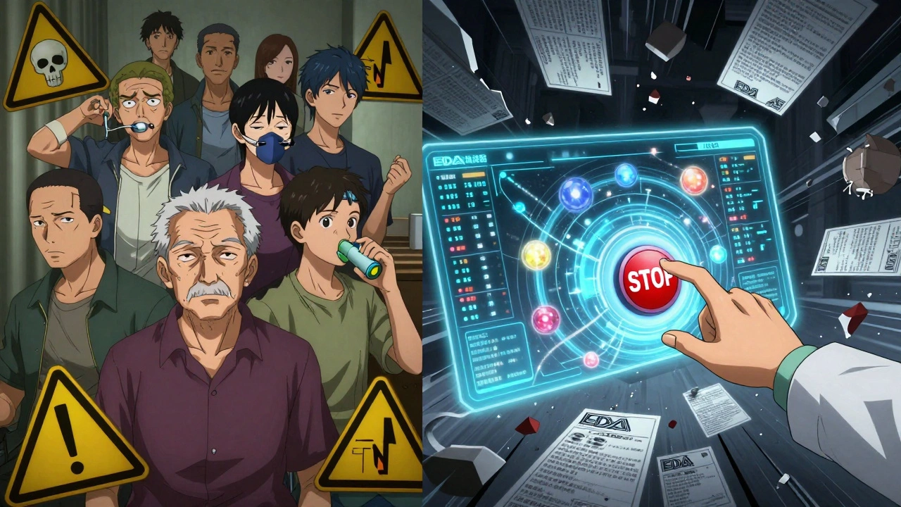 High-risk patients surrounded by warning symbols, a doctor reaching for a STOP button, 12 data orbs floating nearby.