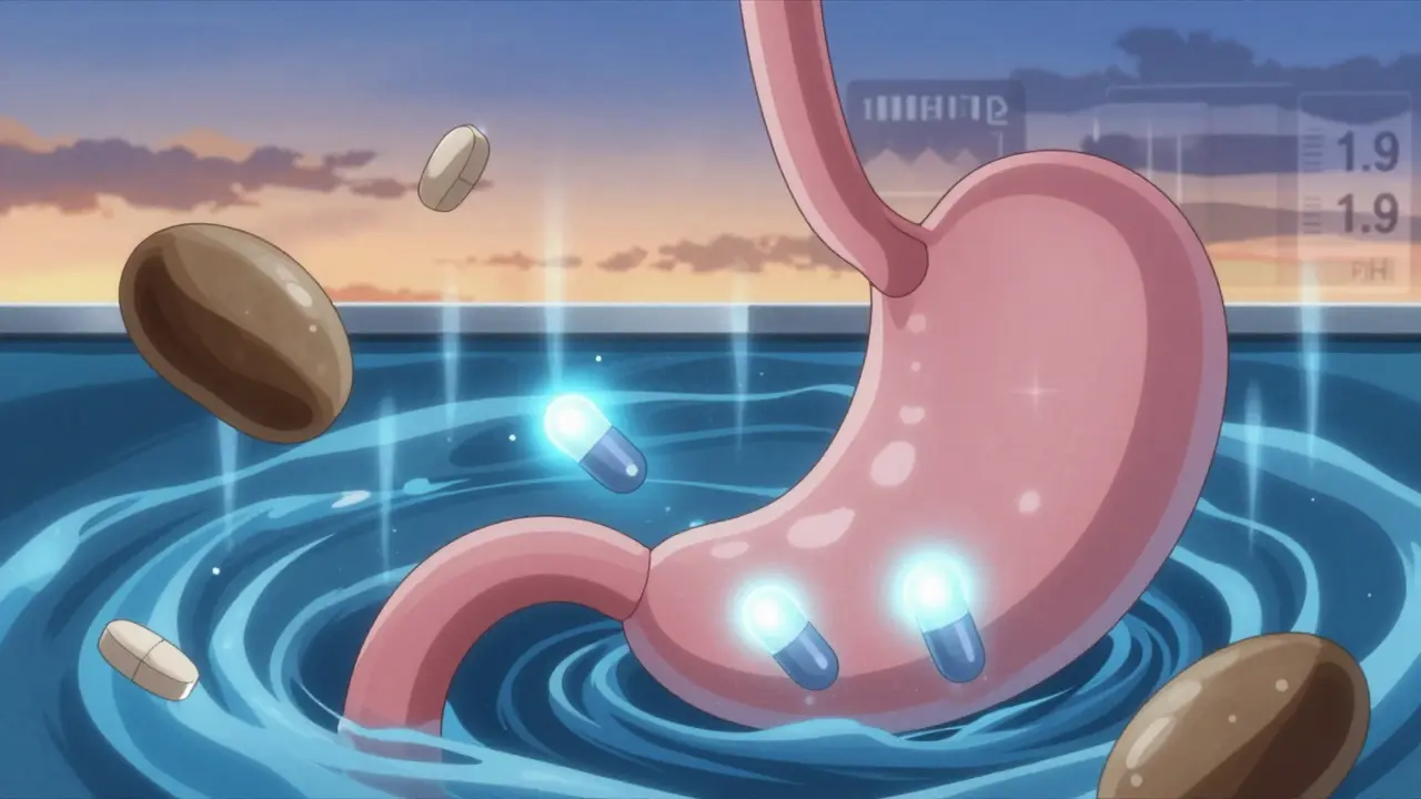 Internal view of stomach absorbing levothyroxine while food and supplements are repelled by pH barrier.