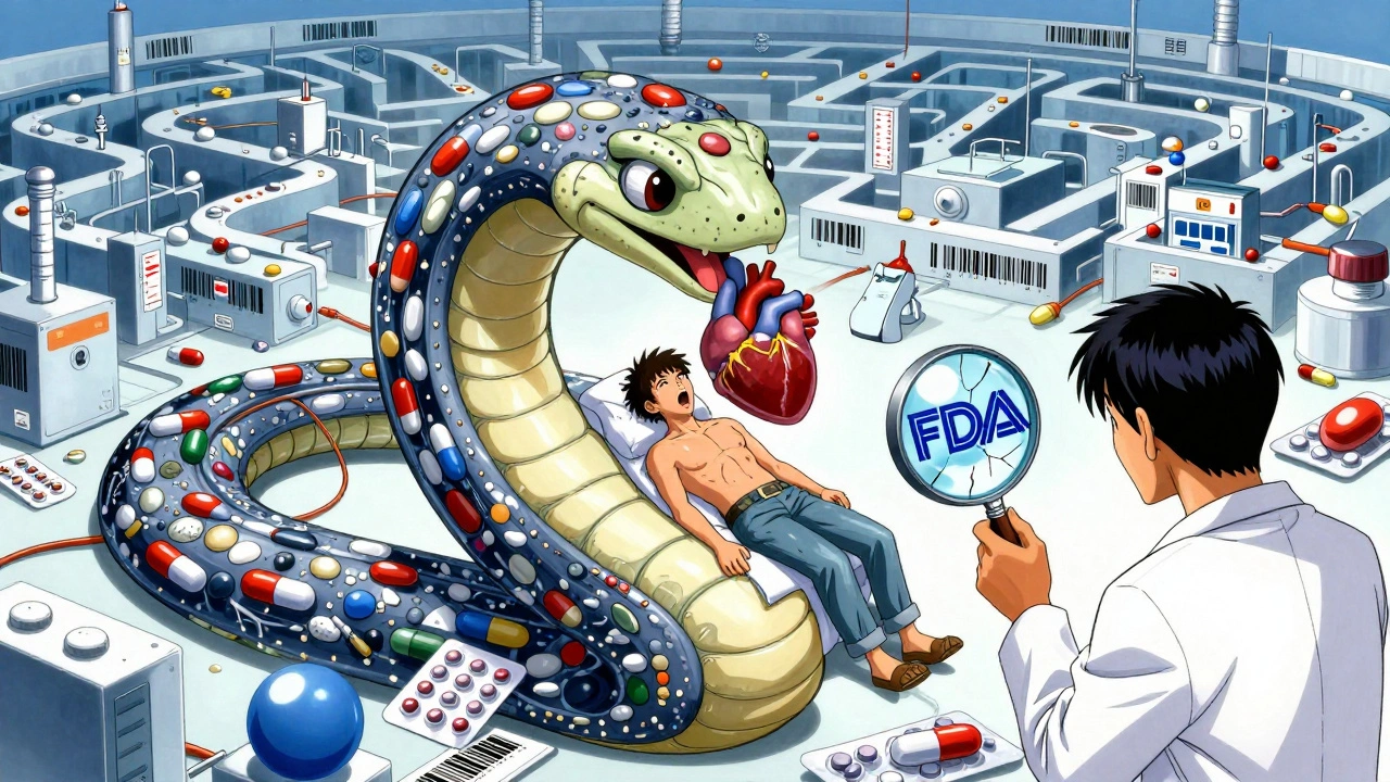 Mechanical serpent made of pills winding through global factories, biting into a patient&#039;s chest.