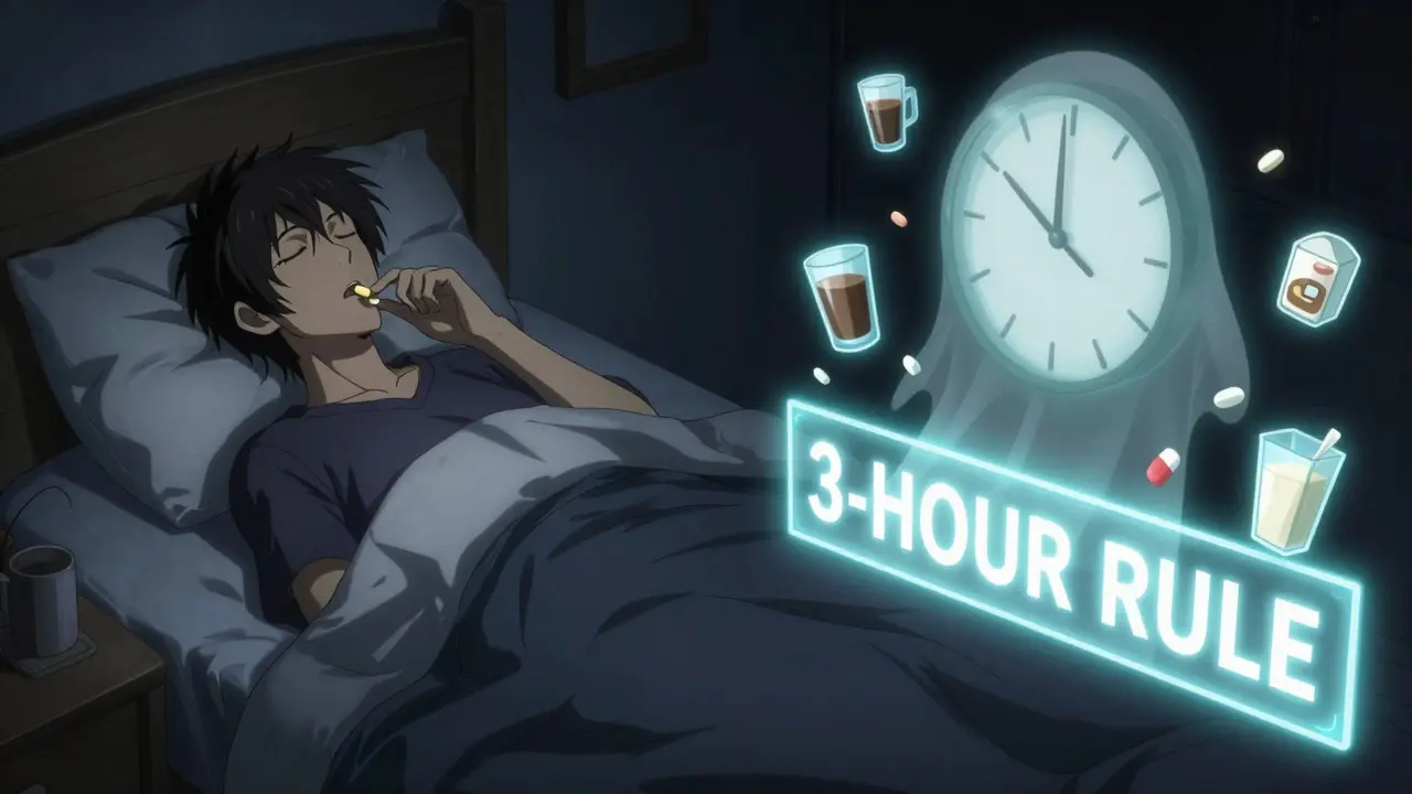 Nighttime dose of levothyroxine with coffee, calcium, and soy milk blocked by a glowing barrier.