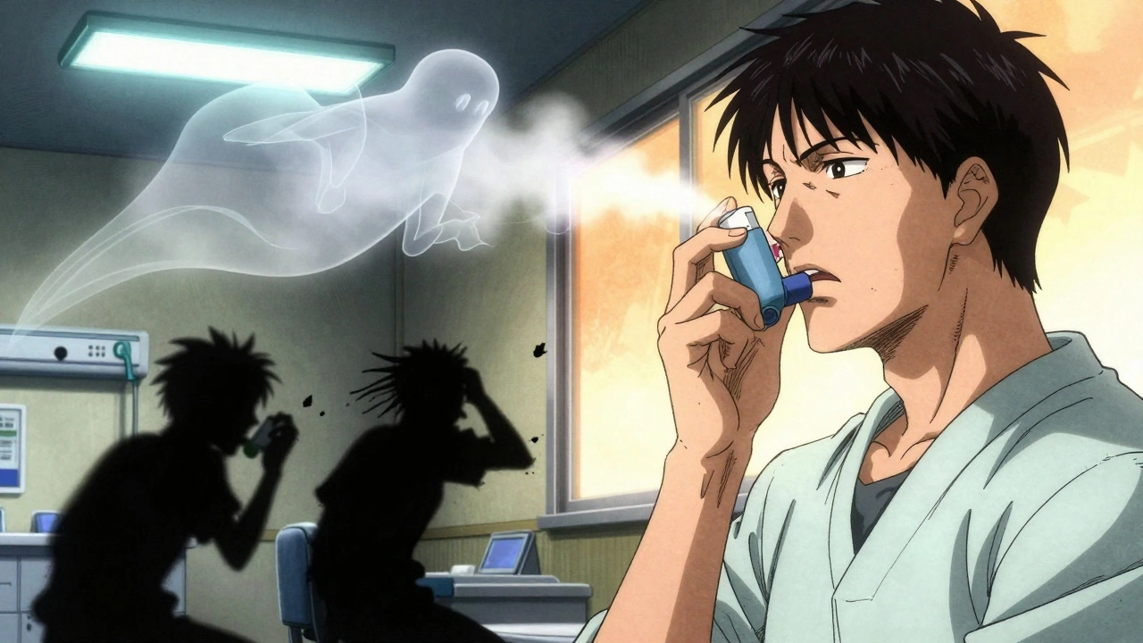 Patient holding an inhaler, ghost of brand drug above, shadowy generics below, contrasting precision and variation.