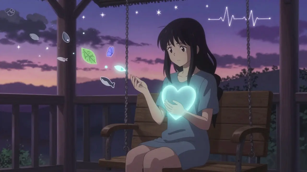 Patient on a porch swing at dusk, heart aura radiating as fears turn into hopeful butterflies.