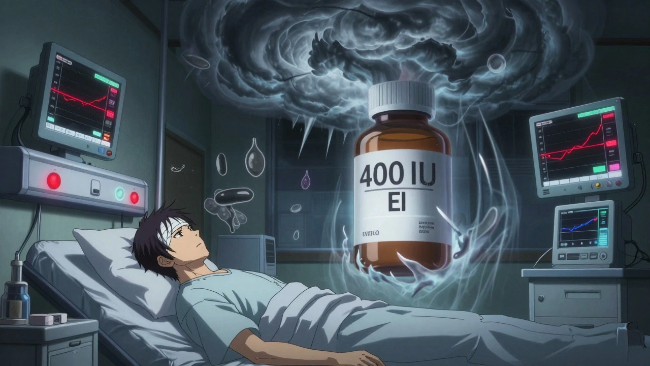 Patient under surveillance with giant 400 IU vitamin E dose casting ominous shadow.