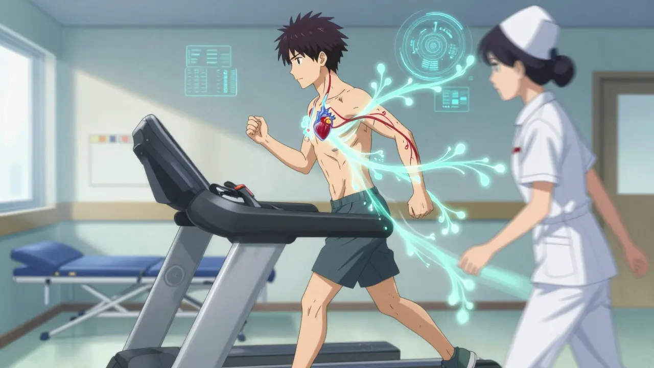 Patient walking on a treadmill during cardiac rehab with energy streams flowing from their heart.