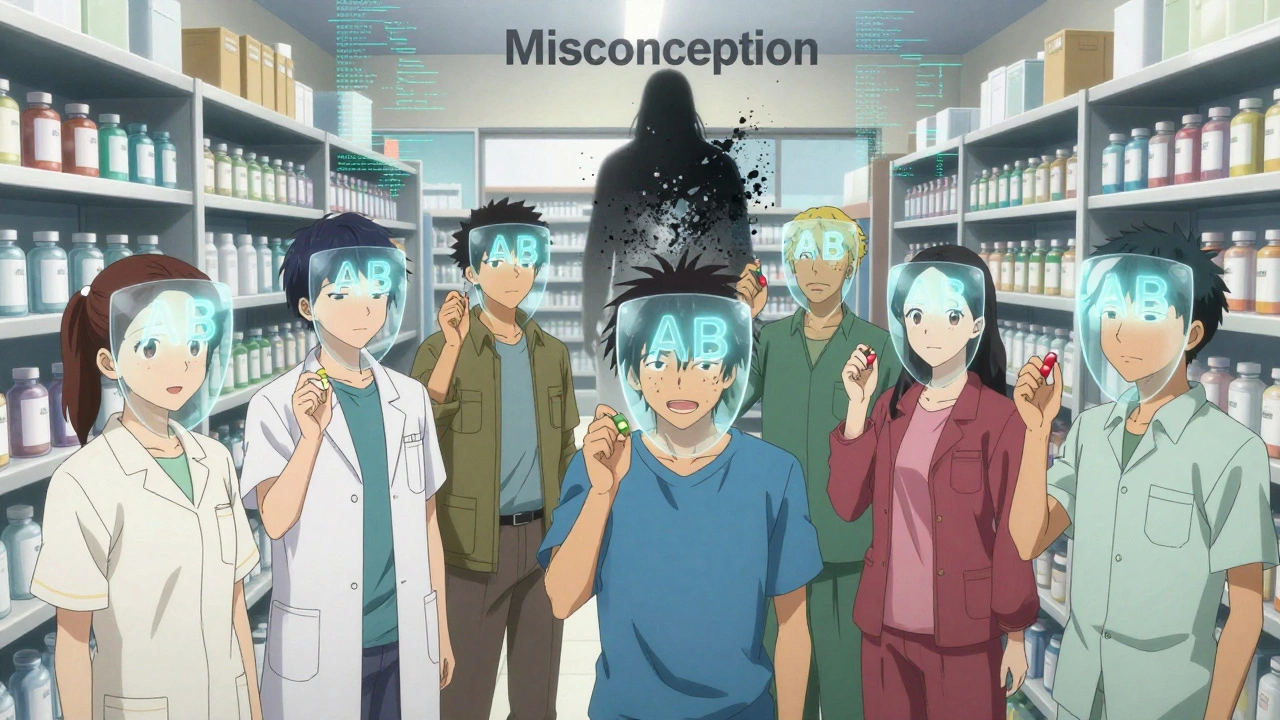 Patients in pharmacy with glowing &#039;AB&#039; shields above them, dispelling misconceptions.