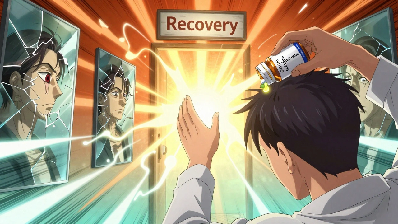 Person dissolving a pill into light while reaching toward a recovery doorway, past side effects reflected in mirrors.