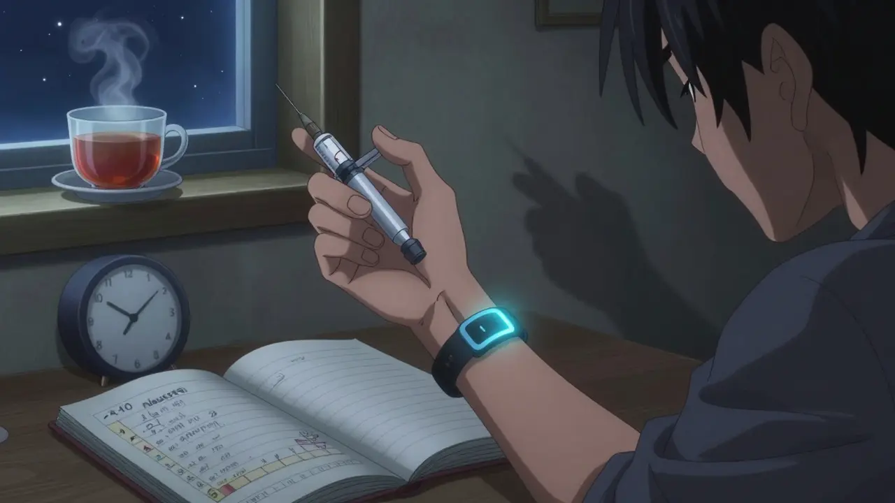 Person taking GLP-1 injection at night with acupressure band and journal nearby.