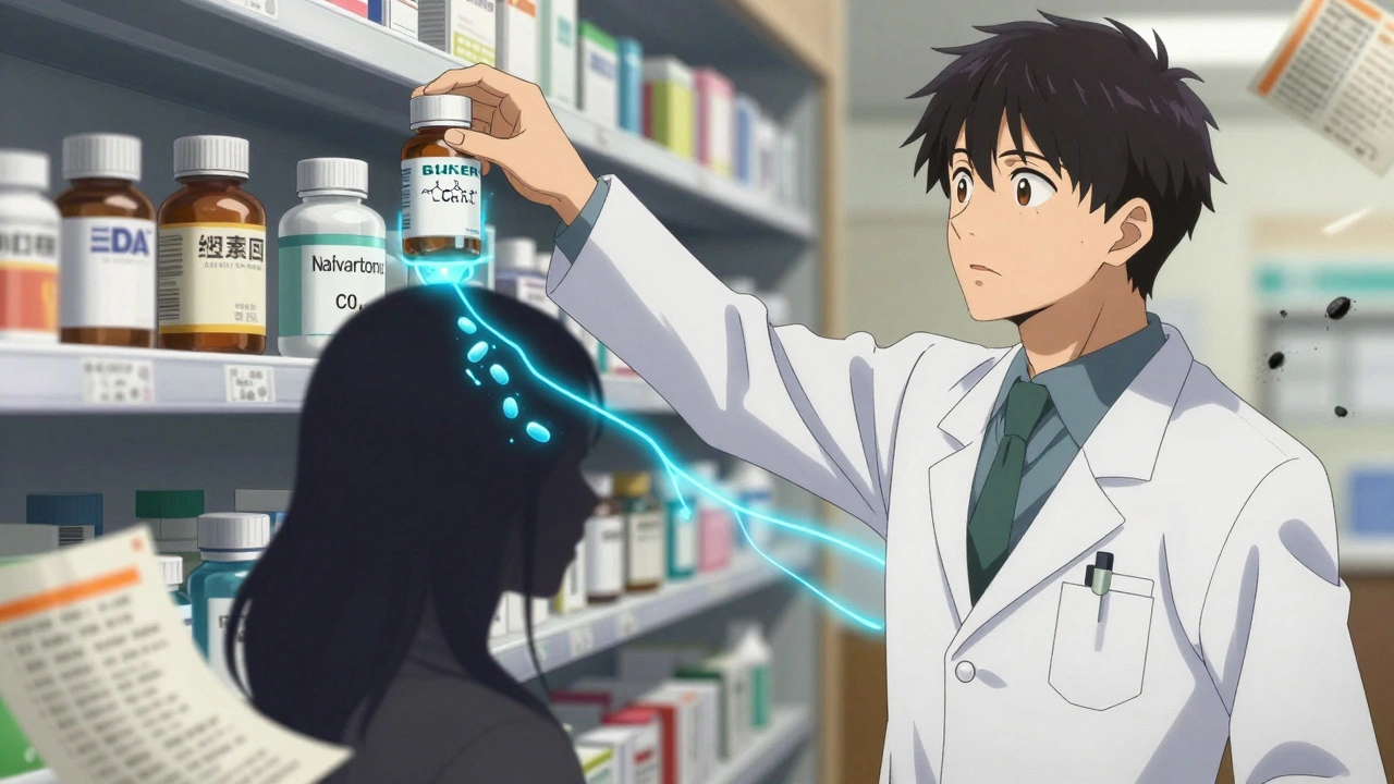 Pharmacist choosing between branded and generic bottles, patient’s shadow splitting into two paths of medication differences.