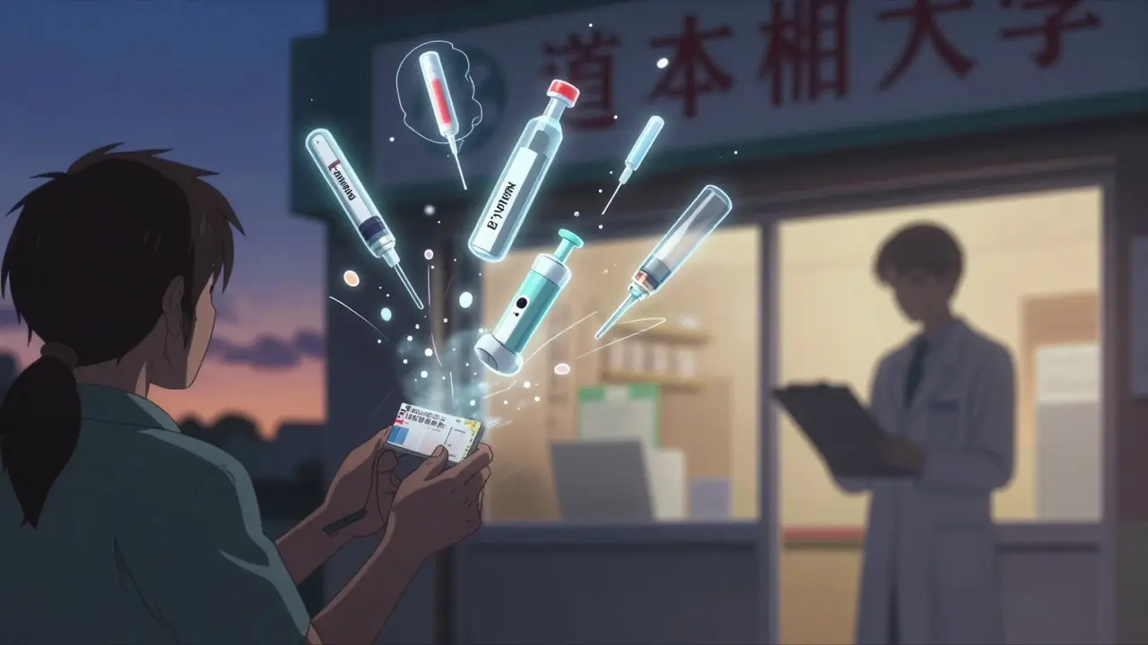 Pharmacist handing a generic prescription as holographic drug devices shatter and reform perfectly.