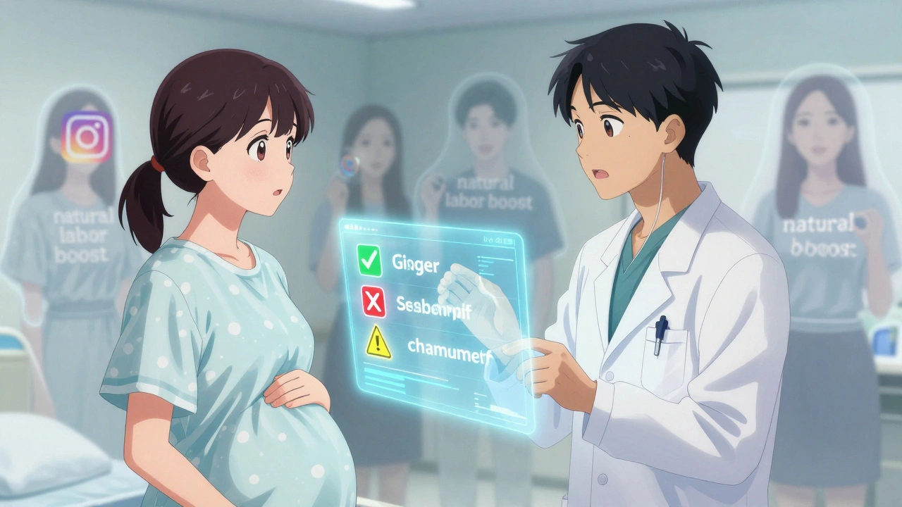 Pregnant woman and doctor reviewing a holographic herbal safety chart in anime style.