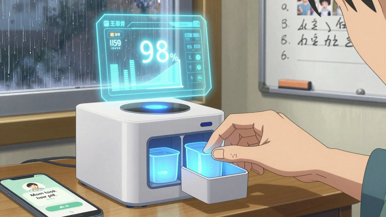 Smart medication dispenser glowing blue as hand takes pill, with family photos and whiteboard in background.