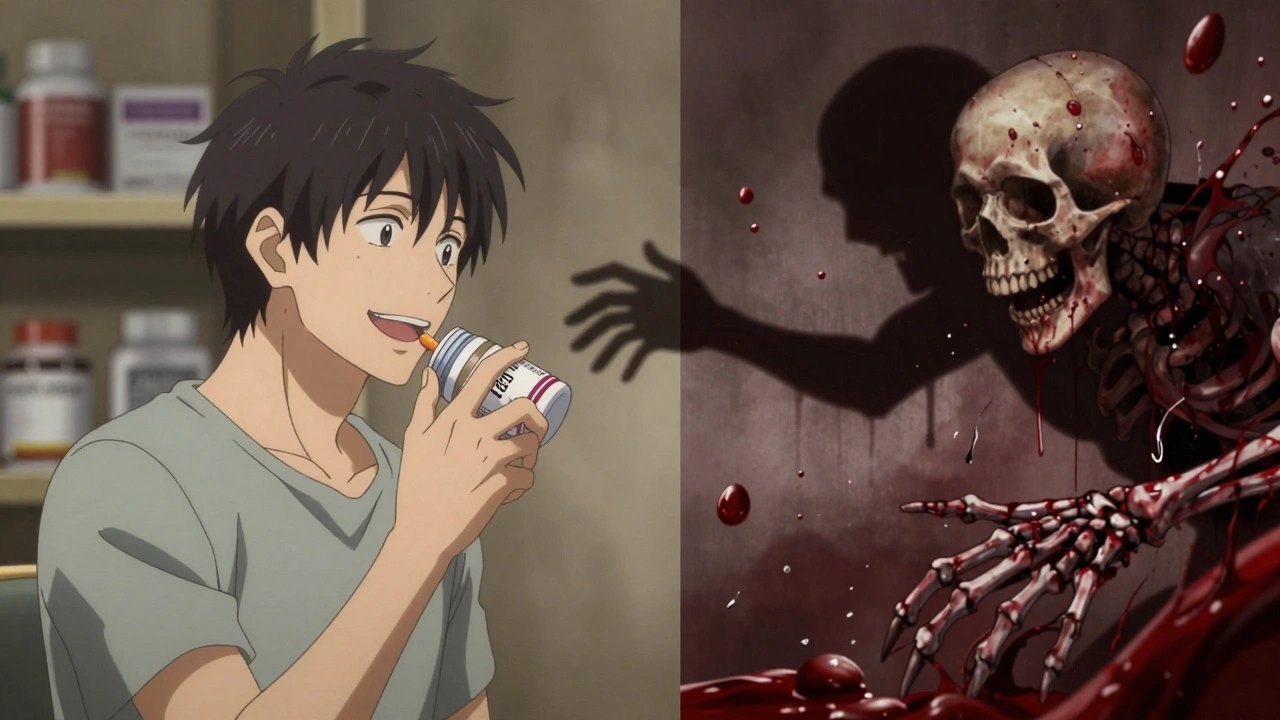 Split image: person taking vitamin E pill while their shadow transforms into a bleeding hemorrhage.