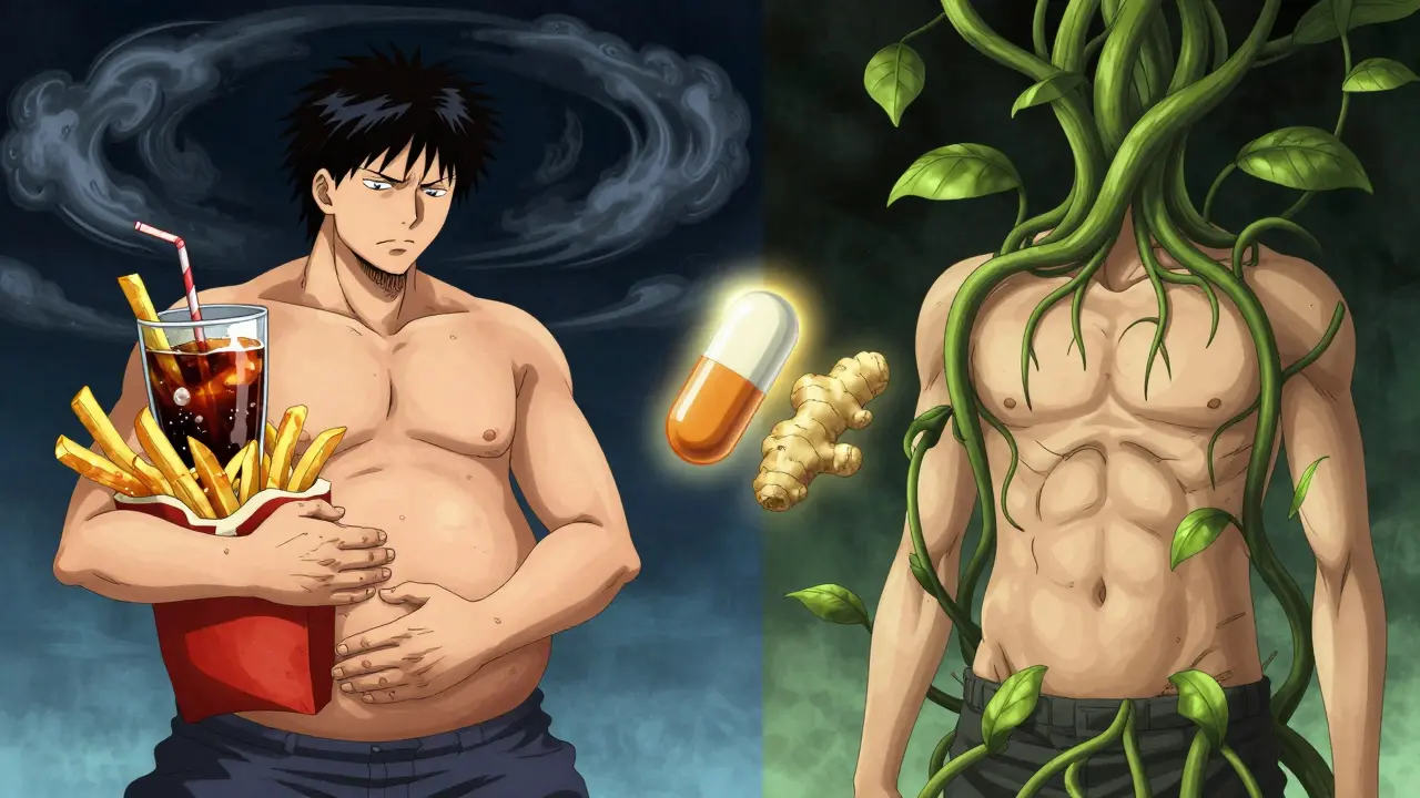 Split image: unhealthy meal causing nausea vs healthy meal promoting wellness, symbolic contrast.