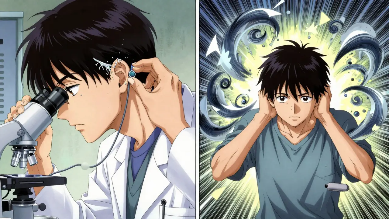 Split scene showing a hearing test and a person overwhelmed by abstract sound spirals, symbolizing medication-induced tinnitus.