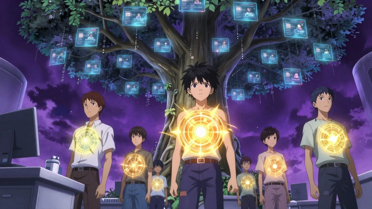 Teenagers in a futuristic clinic have glowing genetic sigils above them, representing drug metabolism traits.