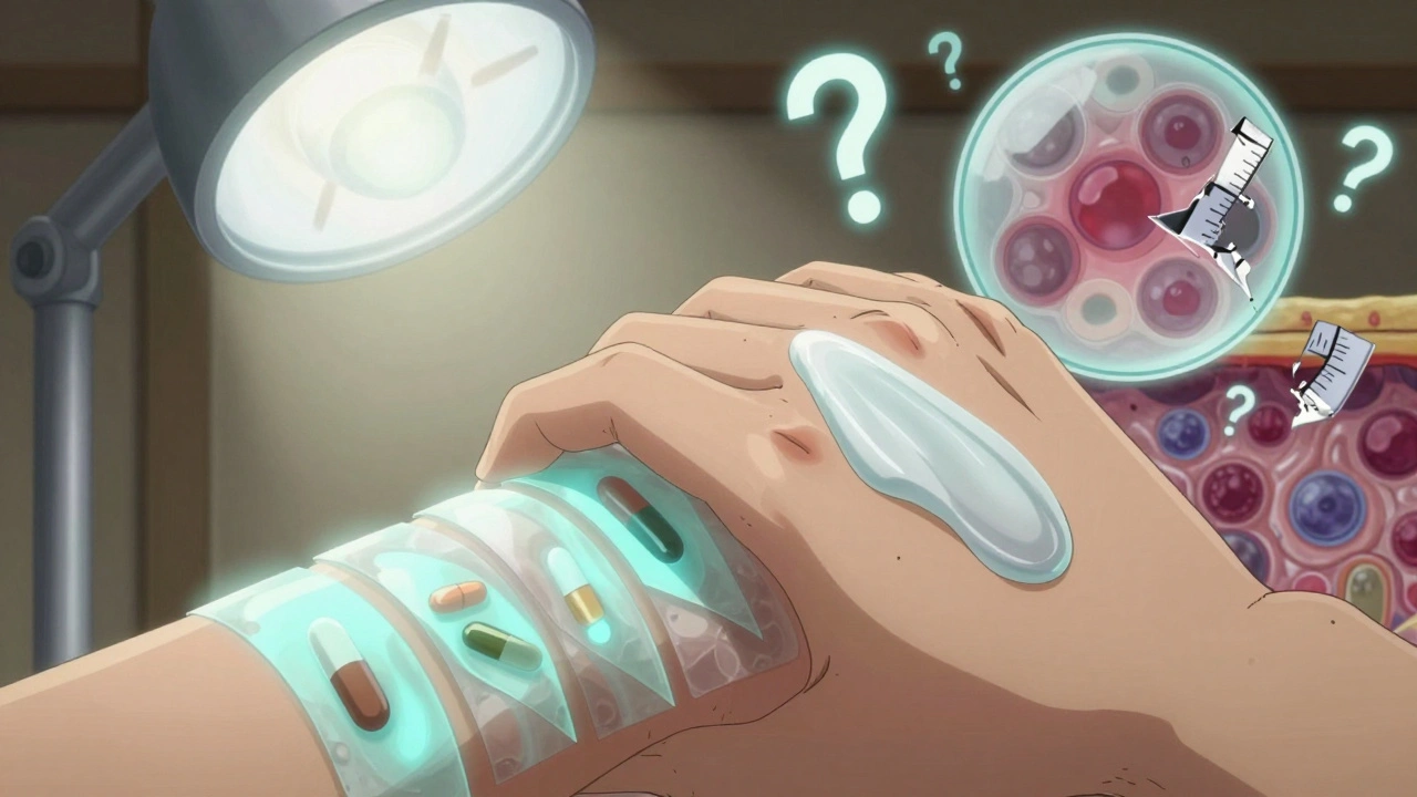 Topical cream penetrating skin layers revealed as manga-style tape-stripping panels.