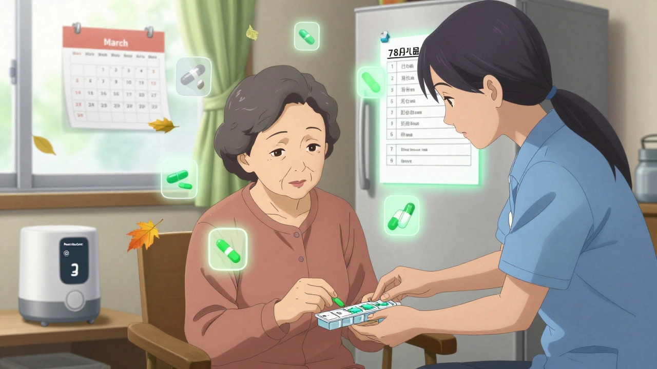 Woman and home aide refilling pills, with fading medication icons drifting like leaves around them.