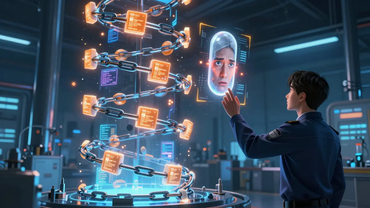 A blockchain network traces drug batches from a factory, with holographic patient warnings floating nearby.