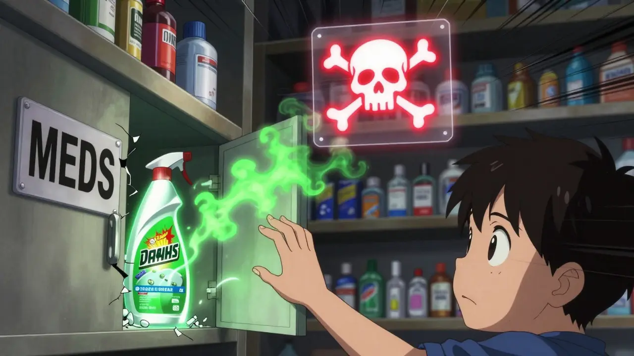 A child's hand reaching toward a cabinet that opens to reveal cleaning chemicals instead of medicine, with glowing toxic fumes.