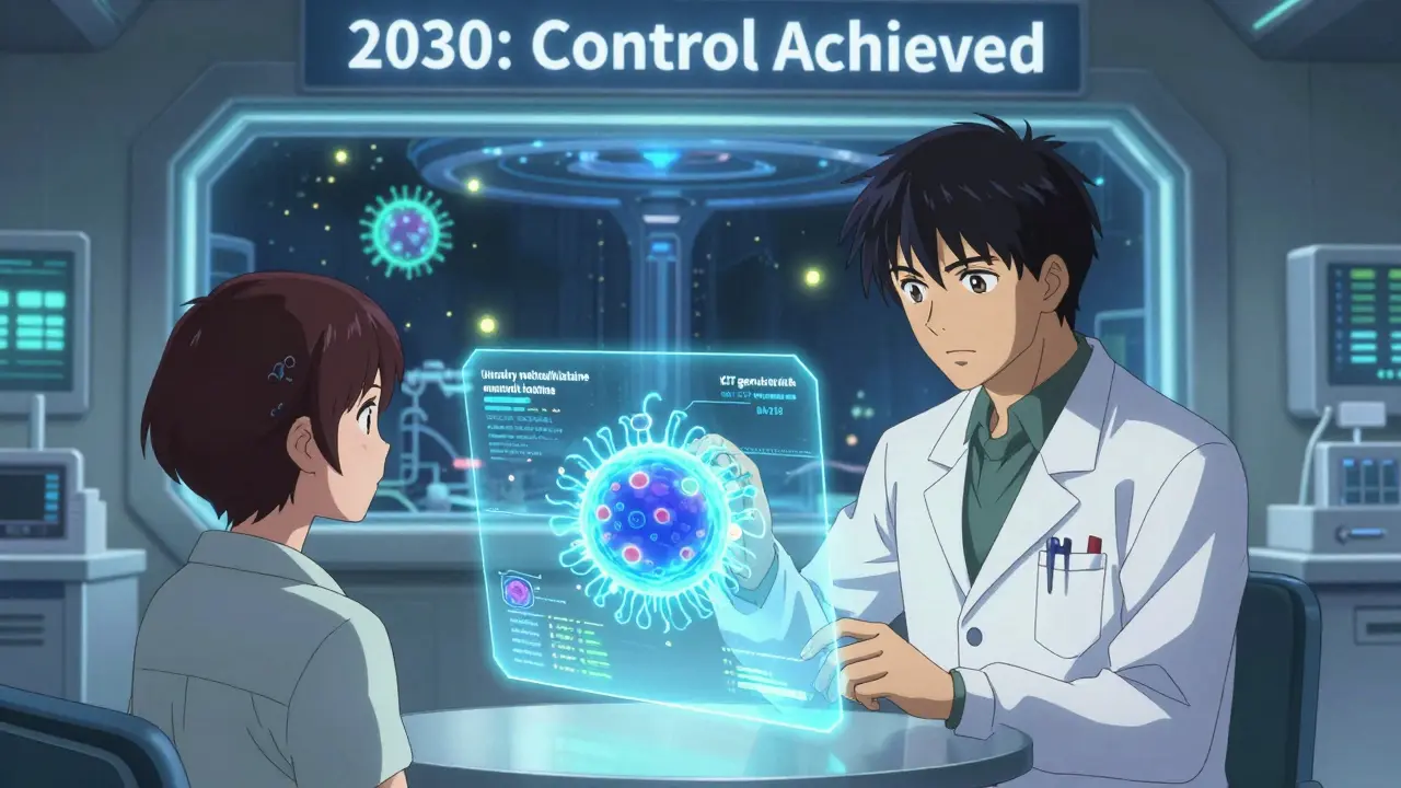 A doctor and patient viewing a holographic mast cell analysis with future SYK inhibitor fireflies neutralizing activation signals.