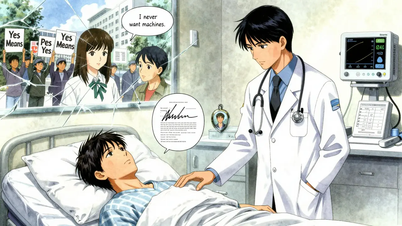 A doctor beside a comatose patient, with memories of past wishes floating as ethereal visions in the air.