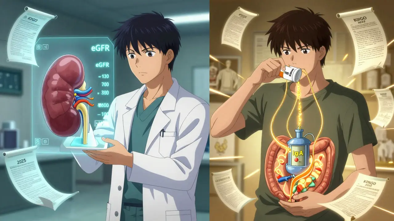 A doctor views a holographic kidney model while a patient takes Nefecon, with gut-kidney connections glowing in anime style.