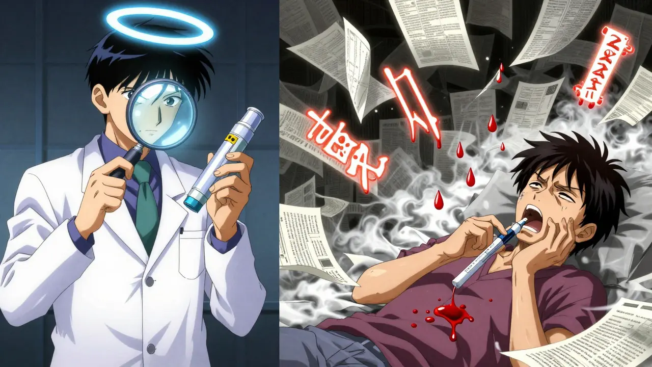 A FDA reviewer examines an auto-injector while a patient struggles with a mismatched device, technical glyphs float around them.
