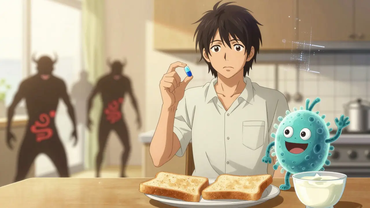 A patient holds a probiotic capsule beside simple food, as a friendly microbe beside them pushes back shadowy nausea and diarrhea figures.