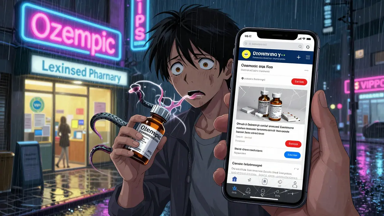 A person horrified by a fake Ozempic bottle, with ghostly fentanyl tendrils and a safe pharmacy in the distance.