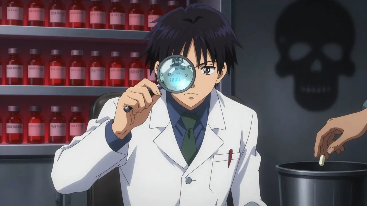 A pharmacist examining a pill with glowing serial number, warning lights glowing behind them.