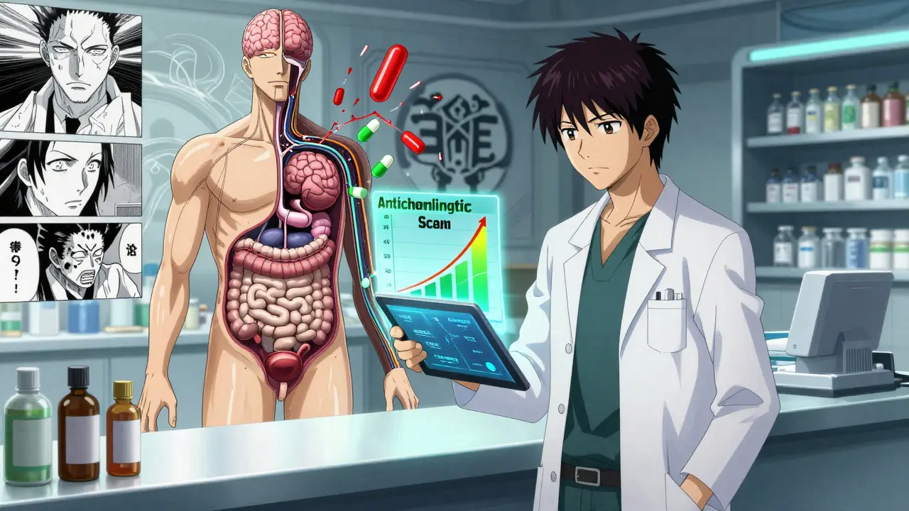 A pharmacist holding a tablet showing drug burden scores, with a patient's internal organs displayed as a glowing medical circuit.
