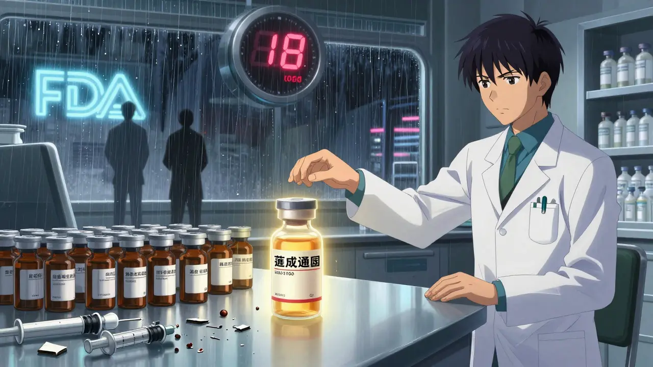 A pharmacist offers an approved generic combo product as broken devices lie shattered behind them in a pharmacy.