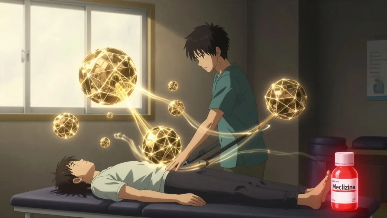 A physical therapist guiding balance exercises with glowing neural orbs, while a discarded pill bottle glows red in the corner.