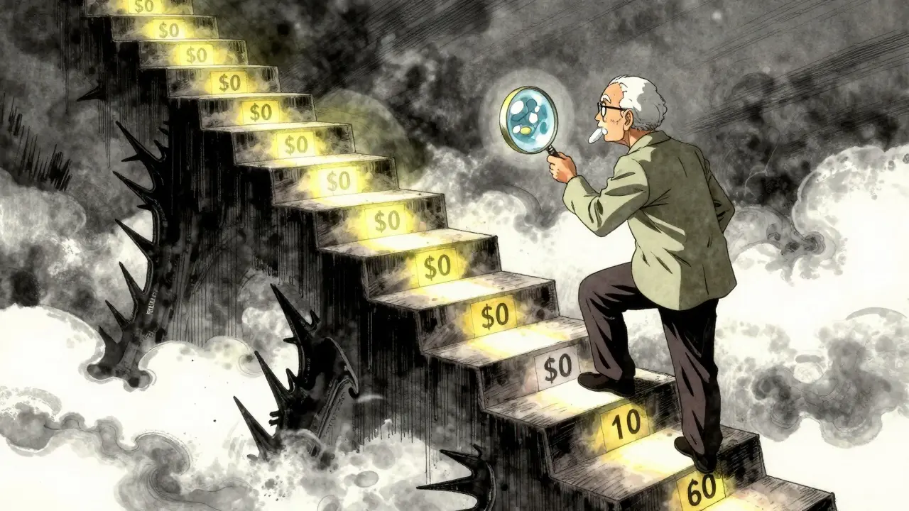 A senior ascends a formulary ladder with glowing generics on the lowest tier and expensive drugs blocked above.