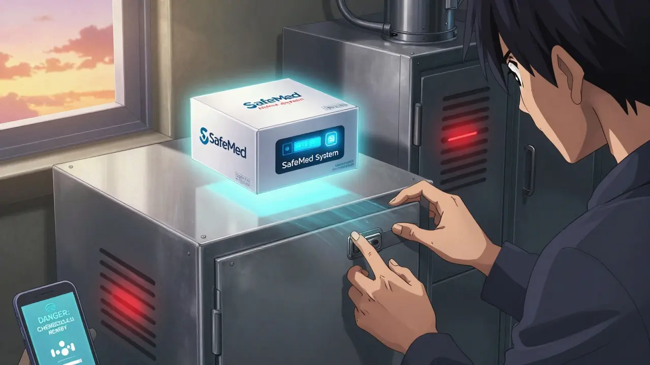 A smart medication storage box glowing with alerts, separated by six feet from a ventilated chemical cabinet with red warning pulses.