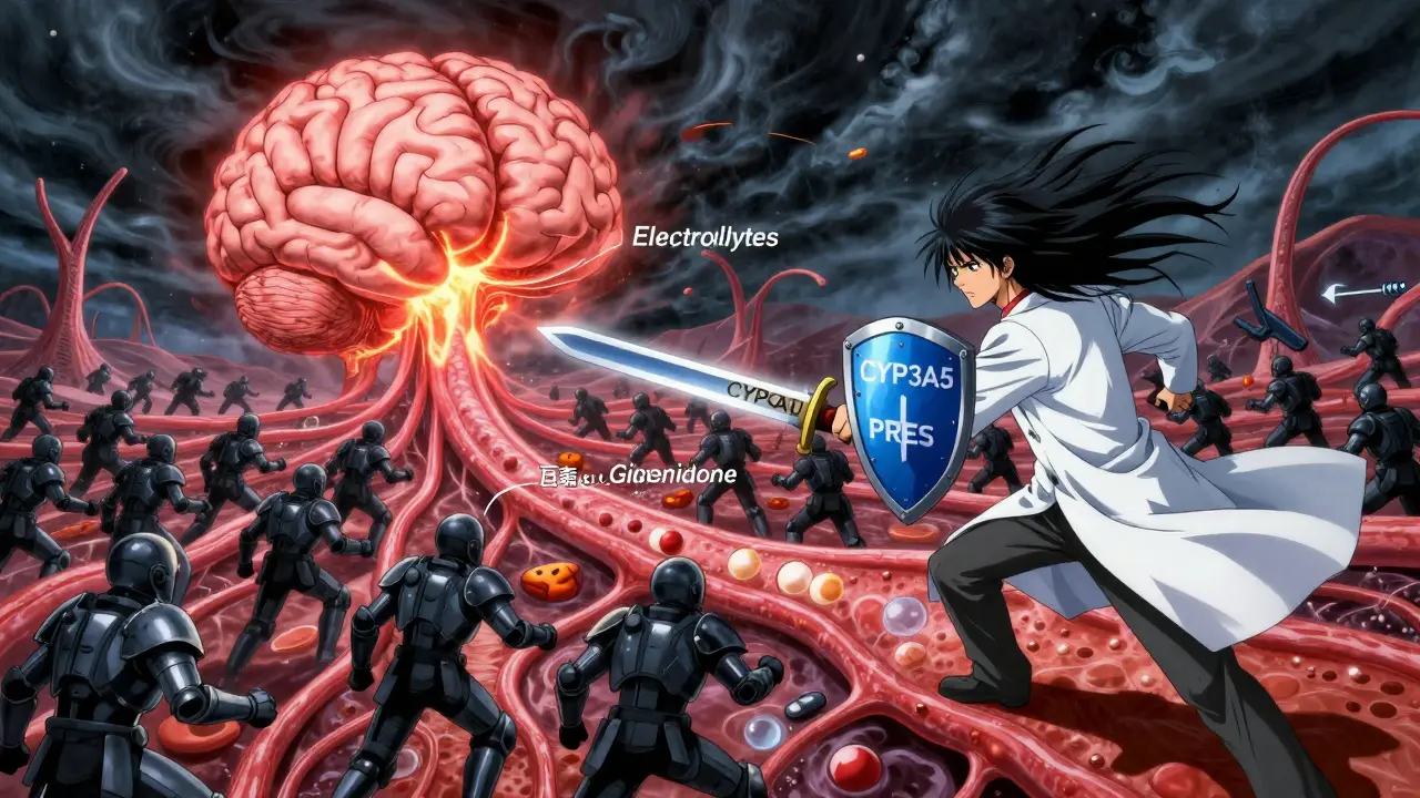 A surreal brain battlefield where tacrolimus toxins clash with patient's defenses guided by genetics and electrolytes.