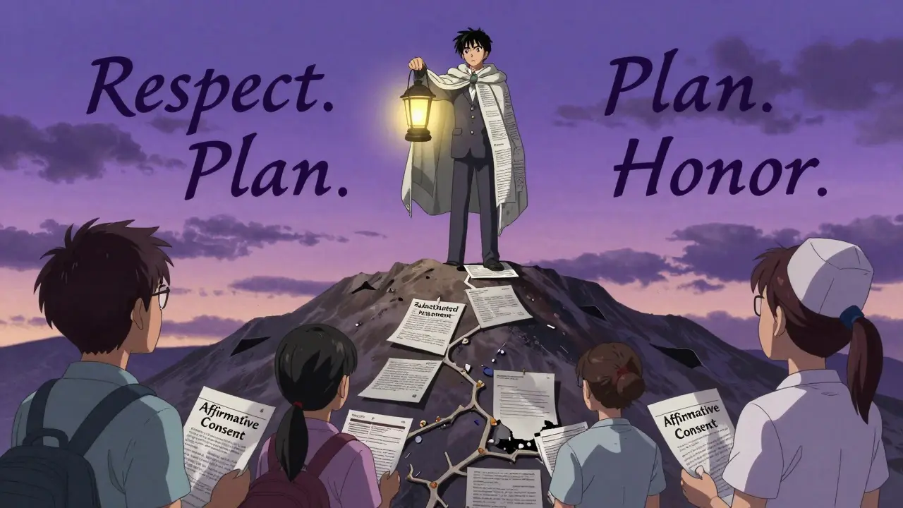 A symbolic figure of autonomy on a mountain of documents, holding a lantern as confused people below hold crumbling pamphlets.