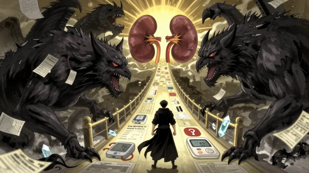 A warrior battles a shadow beast of insurance forms, walking toward a bridge of medical tools and hope in anime style.