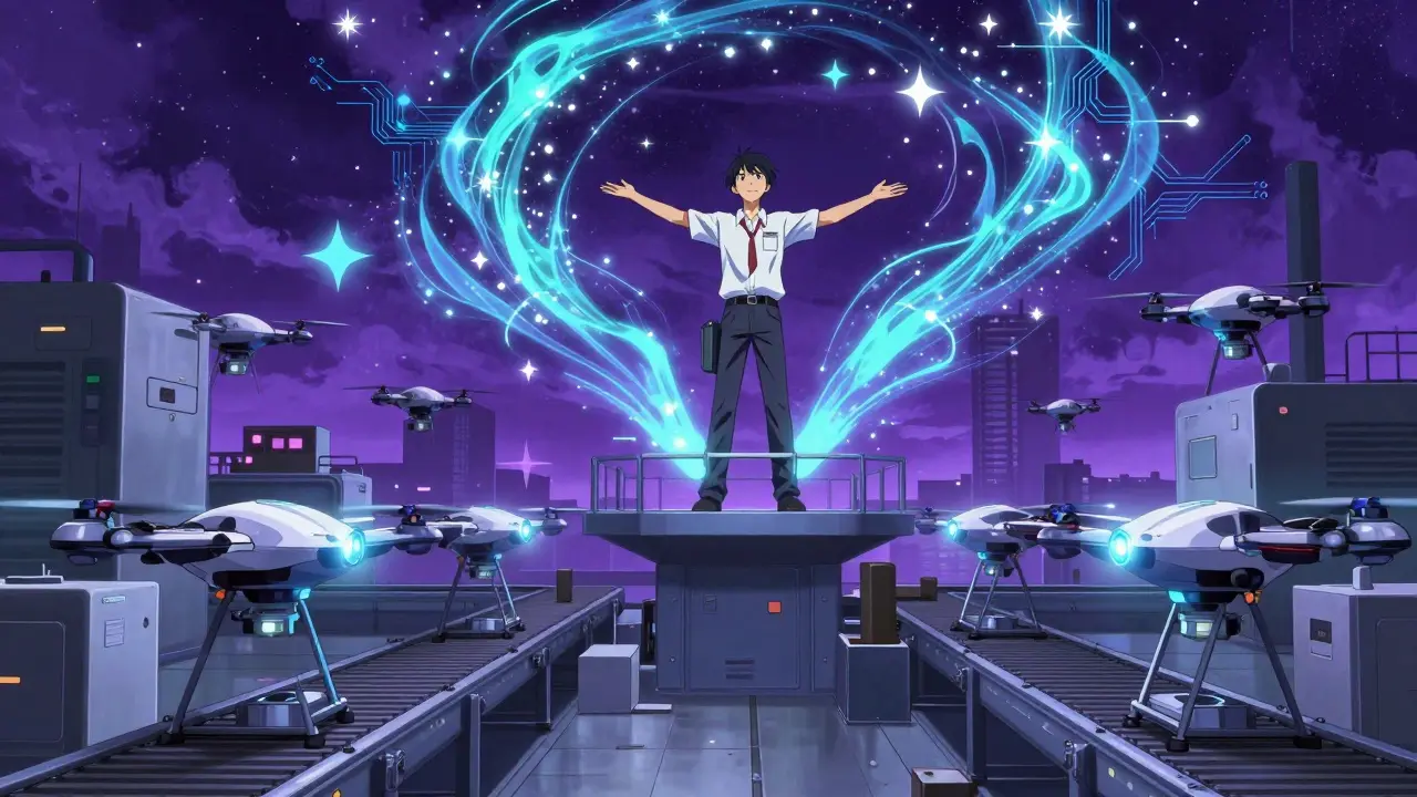 AI drones scan products below as an engineer channels predictive analytics like glowing cosmic energy above a factory floor.