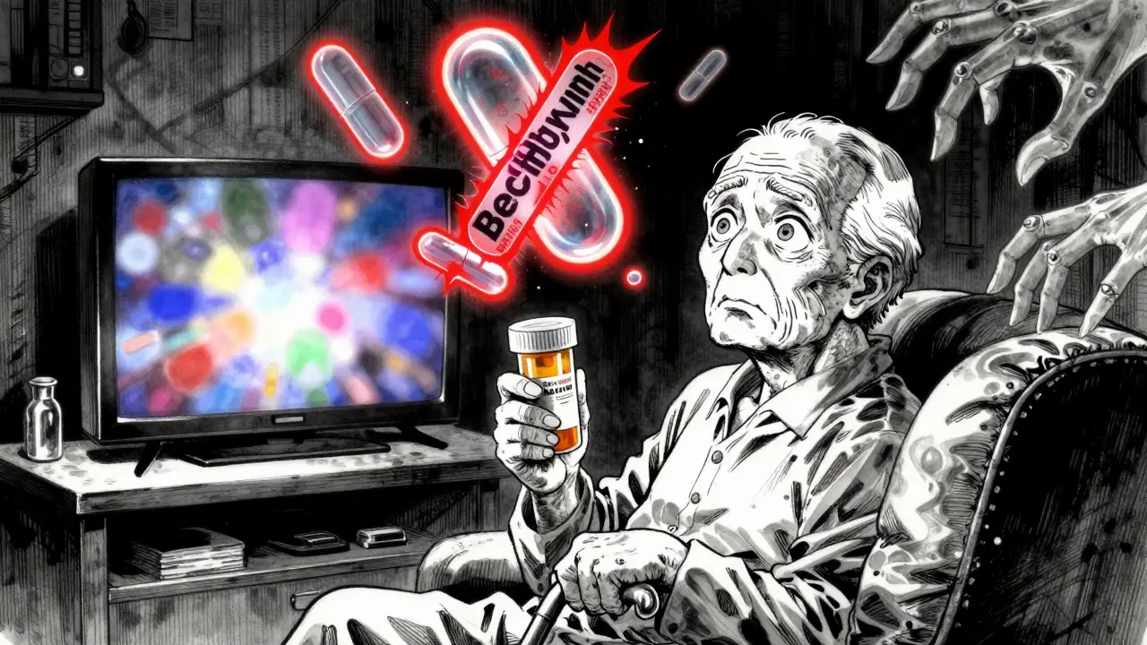 An elderly person in confusion, surrounded by floating dangerous pill icons with glowing scores, blurred vision distorting the room.