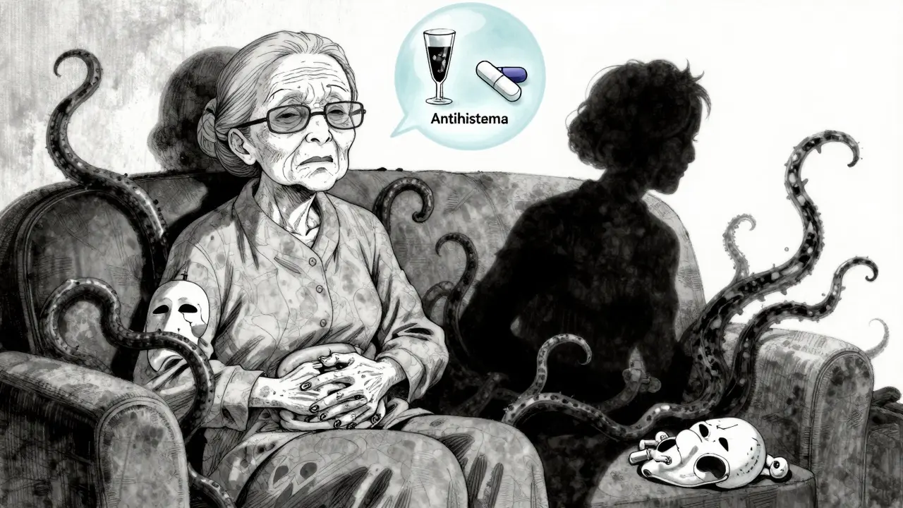 An elderly woman surrounded by shadowy side effect tendrils, with medical warnings floating in the air.